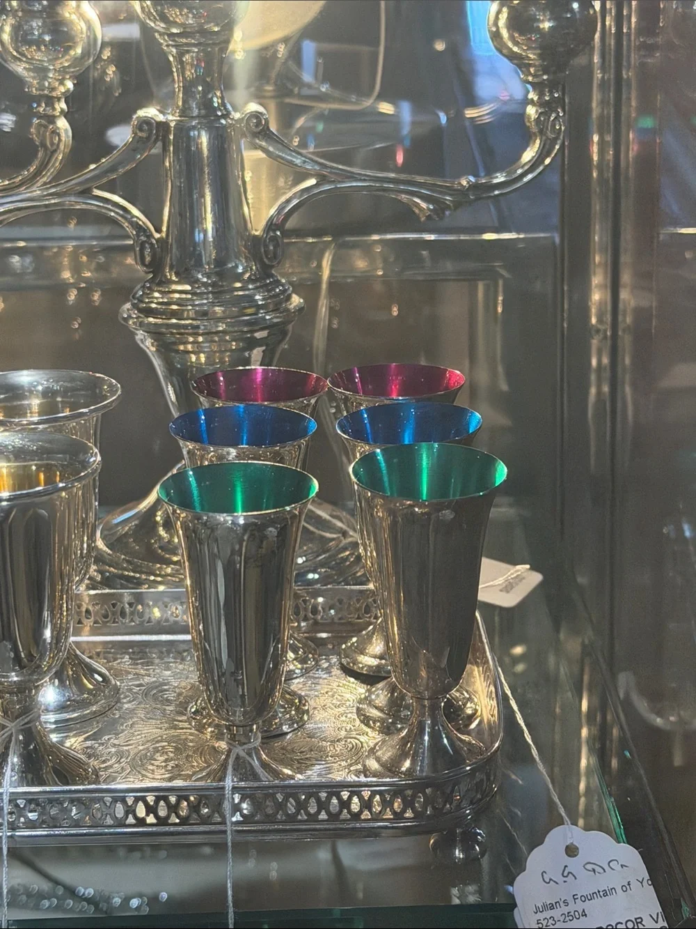 Silver-Colored Lined Cordial Set - Green, Blue, Pink